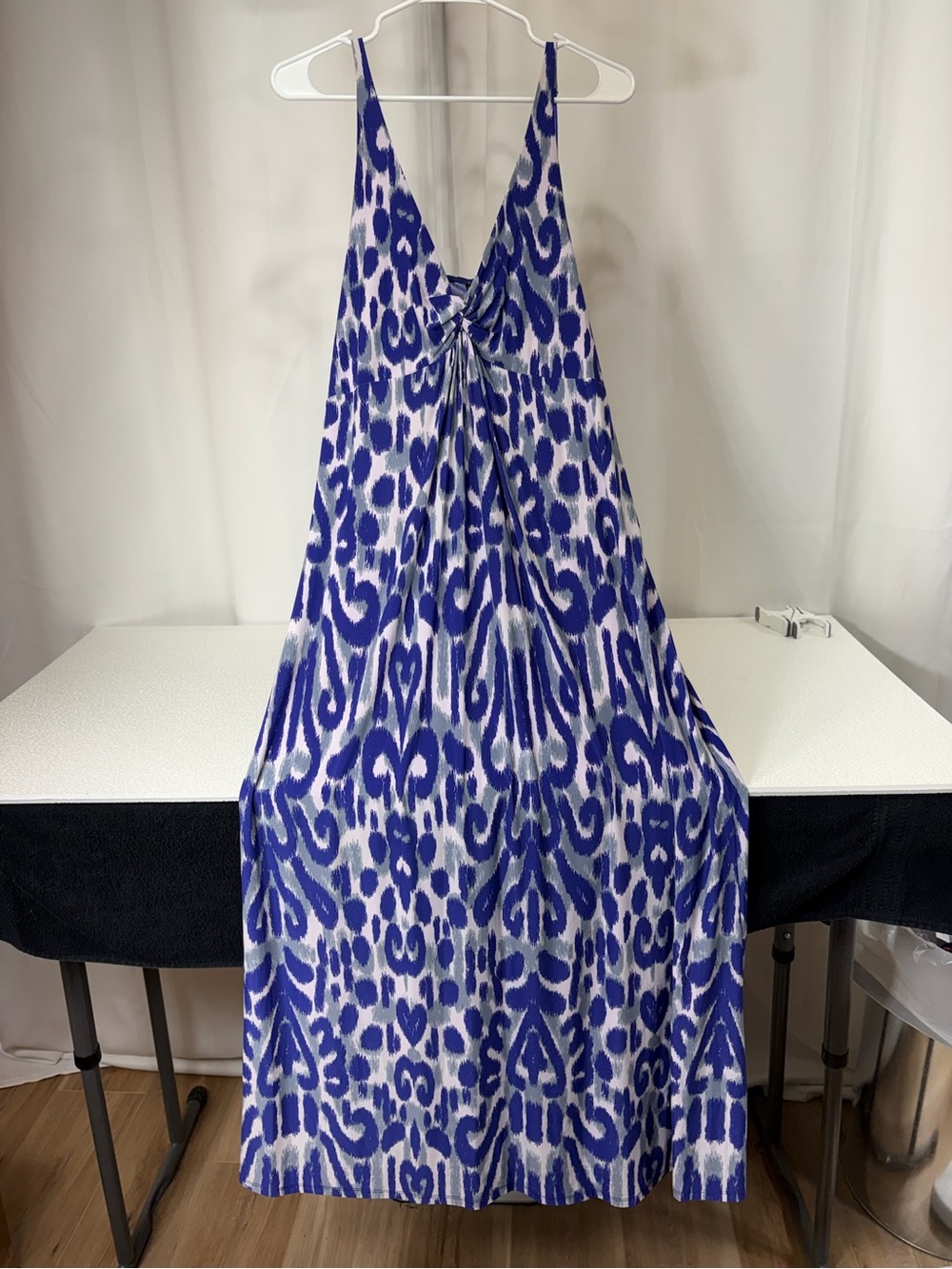 Mixit Blue and White Ikat Twist-Front Maxi Dress 3972